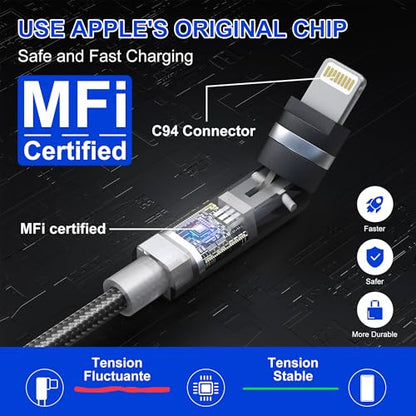 90-Degree Lightning Cable with 360 Degree Rotating Head for Apple-Carplay [MFi, 2.4A, Data Sync] Fast Charging Cable Right Angle iPhone Charger Cord for iPhone14 13 12 11 X 8 7 6 5 Pro Max SE Pod,6FT