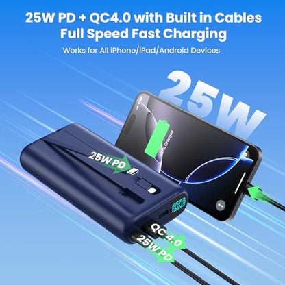 Portable Charger 40,800mAh Power Bank with Built-in Cables,5 USB Output Battery Pack Backup,25W PD Fast Phone Charging Travel Essential Outdoor for iPhone 18 Pro MAX/17/16/15,Android Galaxy Pixel-Blue - color: B-Navy