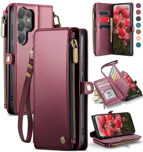 Defencase for Samsung Galaxy S26 Ultra Wallet Case with Card Holder, W-Red | with RFID Blocking Zipper Pocket, Durable PU Leather, Wrist Strap, S26 Ultra Flip Phone Cases Cover with Stand for Women Men - color: Wine Red