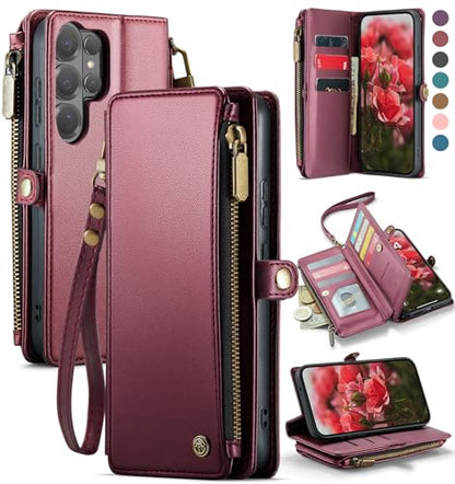 Defencase for Samsung Galaxy S26 Ultra Wallet Case with Card Holder, W-Red | with RFID Blocking Zipper Pocket, Durable PU Leather, Wrist Strap, S26 Ultra Flip Phone Cases Cover with Stand for Women Men - color: Wine Red