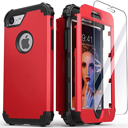 IDweel for iPhone 8 Case with Tempered Glass Screen Protector, for iPhone 7 Case, 3 in 1 Shockproof Slim Hybrid Heavy Duty Hard PC Cover Soft Silicone Bumper Full Body Case, Red - color: Red