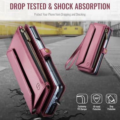 Strapurs Crossbody Wallet Case Compatible with Samsung Galaxy Z Fold 5 with RFID Blocking Card Holder & Pen Holder Slot Soft PU Leather Shoulder Strap Zipper Pocket Purse Fold 5 Phone Case, Wine Red | RFID Blocking 5-Card Holder, Shoulder Lanyard, Wirst S
