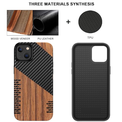 TENDLIN Compatible with iPhone 14 Plus Case Wood Grain with Carbon Fiber Texture Design Leather Hybrid Slim Case (Twill) - color: Twill, size: iPhone 14 Plus