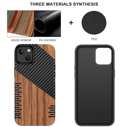 TENDLIN Compatible with iPhone 14 Plus Case Wood Grain with Carbon Fiber Texture Design Leather Hybrid Slim Case (Twill) - color: Twill, size: iPhone 14 Plus