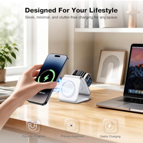 3 in 1 Wireless Charging Station for Apple,Foldable Magnetic Travel Charger - color: white