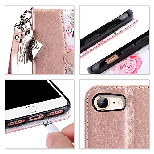 ULAK for iPhone SE 3(2022)/SE(2020)/8/7 Wallet Case Card Holder, Rose Gold | Premium Floral PU Leather Flip Case with Kickstand Card Slots,RFID Blocking,Wrist Strap, Durable Shockproof Cover 4.7 Inch - color: Rose Gold