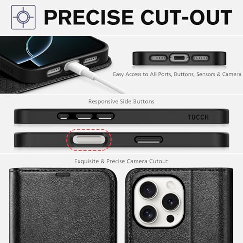 TUCCH Wallet Case for iPhone 16 Pro Max (6.9"), Flip Stand, Textured Black | RFID Blocking, 4 Card Holders, Kickstand, PU Leather, Shockproof TPU Shell, Magnetic Closure, Protective Folio Cover - color: Textured Black