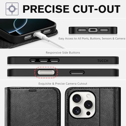TUCCH Wallet Case for iPhone 16 Pro Max (6.9"), Flip Stand, Textured Black | RFID Blocking, 4 Card Holders, Kickstand, PU Leather, Shockproof TPU Shell, Magnetic Closure, Protective Folio Cover - color: Textured Black