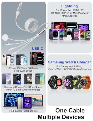 100W Multi Charger Cable for Samsung Galaxy Watch Ultra/Classic/8/7/6/5-4-in-1 10ft Galaxy Watch Charger Multi Charging Cable with USB C, Lightning & Micro USB for Samsung Watch and Multiple Devices