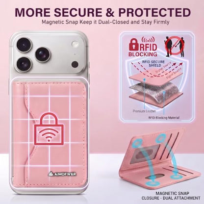 MagSafe Wallet Stand with ID Window, 7 Card Holder with RFID Blocking for MagSafe Phone and Case, Slim Leather Magnetic Wallet for iPhone 17e/17/16/15/14/13/12 Series(Pink) - color: Pink
