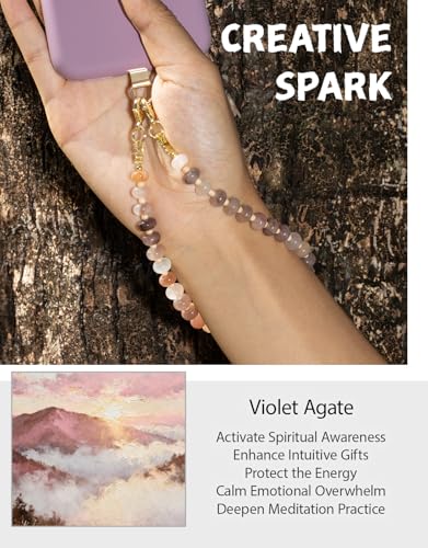 CH.yishi Beaded Phone Charm Wrist Strap with Tether Tab,Camera Lanyard - color: Violet Agate