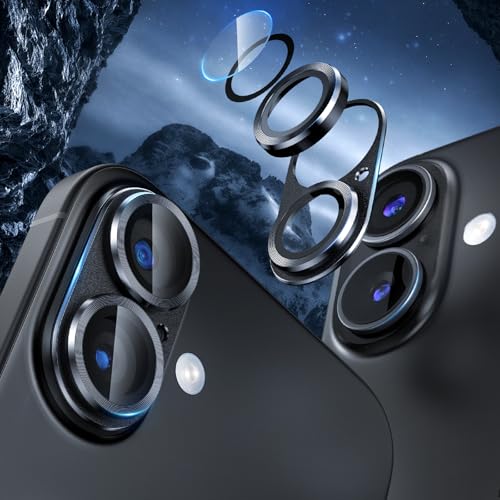 [2 Pack Camera Lens Protector for iPhone 16/16 Plus,9H Tempered Glass,Aviation Aluminum Plate Cover,Night Circle,No Bubble,HD Clarity,Case Friendly,Easy Installation-Black - size: for iPhone 16/16 Plus