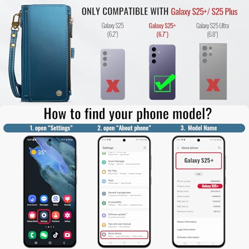 Defencase for Samsung Galaxy S25+/Plus Wallet Case with Card Holder, D-Blue | with RFID Blocking Zipper Pocket, Durable PU Leather, Wrist Strap, S25 Plus Flip Phone Cases Cover with Stand for Women Men - color: Dark Blue