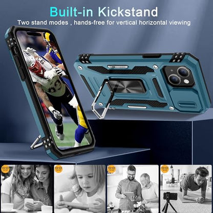 DEERLAMN Case for iPhone 15 with Slide Camera Cover + Screen Protector (2 Packs), Rotated Ring Kickstand Military Grade Shockproof Protective Cover-Light Blue - color: Light Blue