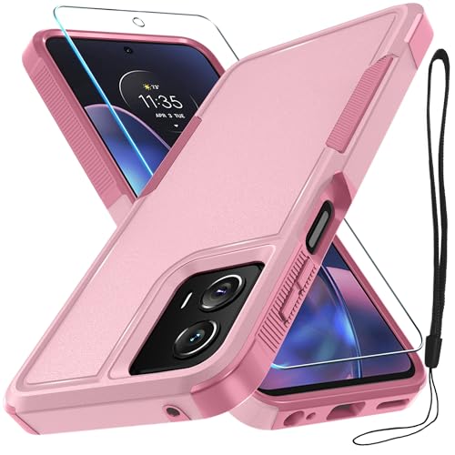 Case Compatible with Moto G 5G 2024, Full Body Heavy Duty Rugged Shockproof Protective Phone Cover with Lanyard Strap, Tempered Glass Screen Protector, Cute Pink | with Tempered Glass Screen Protector+Lanyard Strap,Rugged Shockproof Protective Phone Case