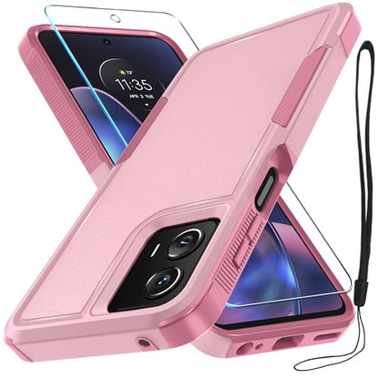 Case Compatible with Moto G 5G 2024, Full Body Heavy Duty Rugged Shockproof Protective Phone Cover with Lanyard Strap, Tempered Glass Screen Protector, Cute Pink | with Tempered Glass Screen Protector+Lanyard Strap,Rugged Shockproof Protective Phone Case