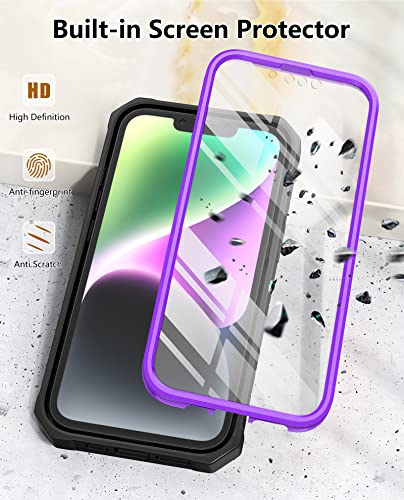 FNTCASE for iPhone 14 Plus Case, Built-in Screen Protector, Kickstand | 20FT Military-Grade Drop Protection, Anti-Slip Matte Textured, Rugged Heavy Duty Shockproof TPU Protective Cover - color: Purple