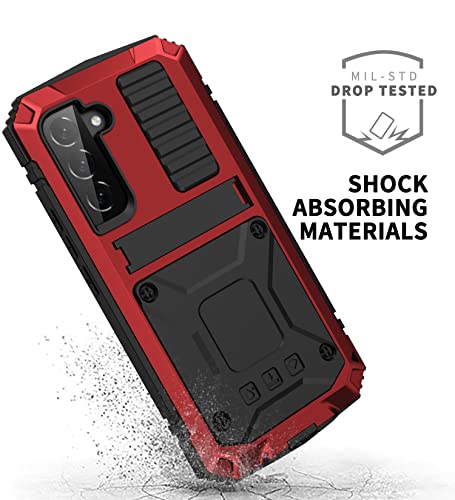 Simicoo Compatible with Samsung S22 Plus Metal Bumper Silicone Case with Stand Hybrid Military Shockproof Heavy Duty Rugged case Built-in Screen Protector Cover (Red) - color: Red, size: S22 Plus
