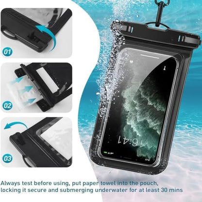 2 Waterproof Adjustable Lanyard Phone Pouch for iPhone 17/16 ProMax | IPX8 rated, Cruise use, Beach use, Card storage, Clear dry bag - color: Black+Black