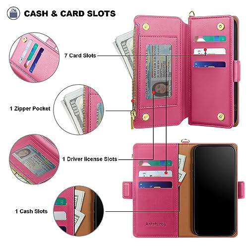 Antsturdy for iPhone 17 Pro Phone Wallet Case Women,Hot Pink | RFID Blocking,with Credit Card Holder Slots,PU Leather Purse,Zipper Pocket,Wrist Strap Kickstand,Flip Folio Cover for Men - color: Hot Pink