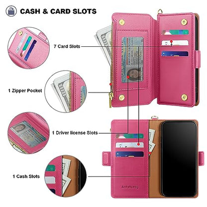 Antsturdy for iPhone 17 Pro Phone Wallet Case Women,Hot Pink | RFID Blocking,with Credit Card Holder Slots,PU Leather Purse,Zipper Pocket,Wrist Strap Kickstand,Flip Folio Cover for Men - color: Hot Pink