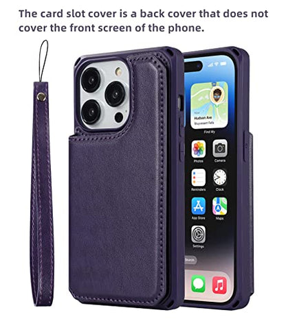 iCoverCase Compatible with iPhone 14 Pro Wallet Phone Case with Card Holder for Women, RFID Blocking Embossed PU Leather Wrist Strap Case 6.1 Inch (Macaron Dark Purple) - color: P-Dark Purple
