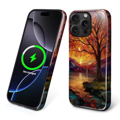 Magnetic Phone Case for iPhone 14 Pro Max,Compatible with MagSafe,Durable 2 Layers Full Covered Shockproof Protective Cover-Stained Glass Sunrise Fall Leaves - color: Stained Glass Sunrise Fall Leaves, size: iPhone 14 Pro Max