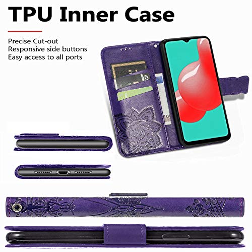 Wallet Case for Samsung Galaxy A03s with Card Holder Purple | PU Leather Flip Phone Cover,Wrist Strap,Woman Man Purse,Emboss Butterfly,Stand,Shockproof TPU,Magnetic Closure - color: B Purple