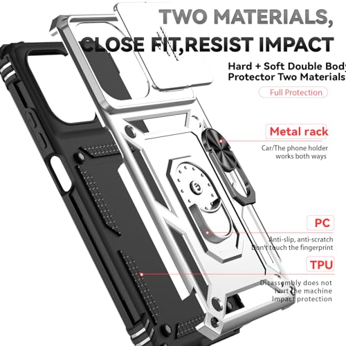 for Motorola Moto G 2025 / Moto G 2026 / Moto G Play 2026 Case, with Slide Camera Cover HD Screen Protector Ring Holder Kickstand Military Grade Protection Drop Tested Protective Phone Case (Silver) - color: Silver with camera cover Military-Grade 2nd gen