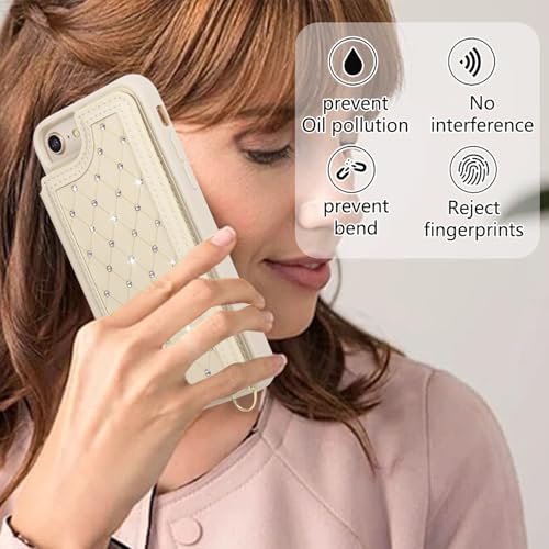 for iPhone 7/8/SE 2022/SE 2020 Wallet Case with Card Holder Slots and Strap, RFID Blocking Magnetic Flip Folio Cover, Crossbody Purse Protection Case with Kickstand,Beige Diamond - color: Beige Diamond, size: iPhone 7/8/SE 2022/SE 2020(6.6")