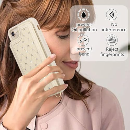 for iPhone 7/8/SE 2022/SE 2020 Wallet Case with Card Holder Slots and Strap, RFID Blocking Magnetic Flip Folio Cover, Crossbody Purse Protection Case with Kickstand,Beige Diamond - color: Beige Diamond, size: iPhone 7/8/SE 2022/SE 2020(6.6")