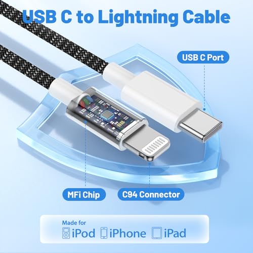 20W Lightning Cable to USB C, [Apple MFi Certified] Braided Fast Cable - color: Black, size: 20W-6FT+10FT