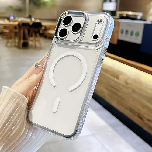 for iPhone 17 Pro Max Clear Case with Electroplated Camera Ring & Buttons, MagSafe Compatible, Military-Grade Shockproof, Anti-Yellowing Slim Transparent Cover - color: White