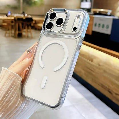 for iPhone 17 Pro Max Clear Case with Electroplated Camera Ring & Buttons, MagSafe Compatible, Military-Grade Shockproof, Anti-Yellowing Slim Transparent Cover - color: White