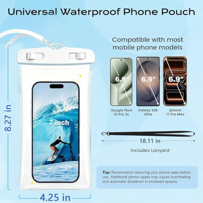 Waterproof Phone Pouch,Underwater IPX8 Phone Case for iPhone 17/16 Pro Max | Phone Dry Bag for Beach Playing &Swimming,Snorkel,Skiing,Surfing Cruise Essentials,Touch Screen with Lanyard(Fits Up to 7.2") - color: White