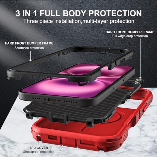 YKHJKLEC for iPhone 16 Plus Case, Military Grade 3 in 1 Heavy Duty Shockproof/Drop Proof/Dust Proof with Kickstand Case, with 2 x Tempered Glass Screen Protector & 1 x Wrist Strap (ZJ-Red/Black) - color: ZJ-Red/Black