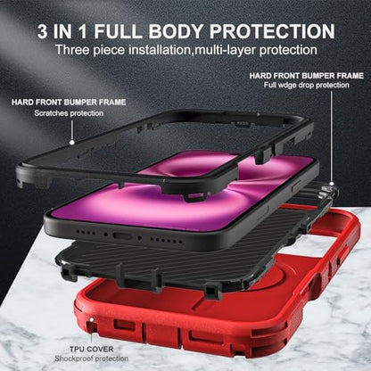 YKHJKLEC for iPhone 16 Plus Case, Military Grade 3 in 1 Heavy Duty Shockproof/Drop Proof/Dust Proof with Kickstand Case, with 2 x Tempered Glass Screen Protector & 1 x Wrist Strap (ZJ-Red/Black) - color: ZJ-Red/Black