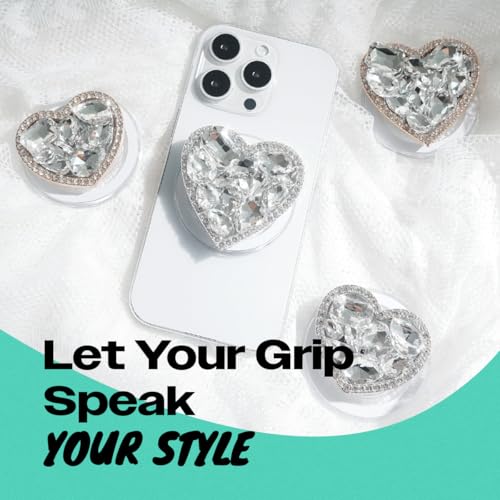 OnTheGrip Compatible with Magsafe Cute Cubic Diamond Heart Shape Design Collapsible Mobile Phone Grip Stand Holder for Smartphone Tablet Cell Phone Accessory (Silver Big)