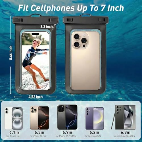 2 Pack Waterproof Phone Pouch, Universal Dry Bag Case Compatible for iPhone 17 16 15 14 13 12 Pro Max, IPX8 Beach Essentials Vacation Must Haves, Black & Bright Red - 7" - color: A7-Black+Bright Red-2 pack, size: 7in