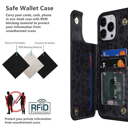 iCoverCase Compatible with iPhone 13 Pro Case with Card Holder, Wallet Phone Case for Women Men RFID Blocking PU Leather Protective Case 6.1 Inch (Black Leopard) - color: Black Leopard