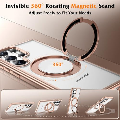 Compatible with Clear Samsung Galaxy S23 Ultra Case with 360° Invisible Magnetic Ring Stand [Compatible with Mag-Safe] Shockproof Plating Phone Case,Desert Gold - color: Desert Gold, size: Samsung Galaxy S23 Ultra