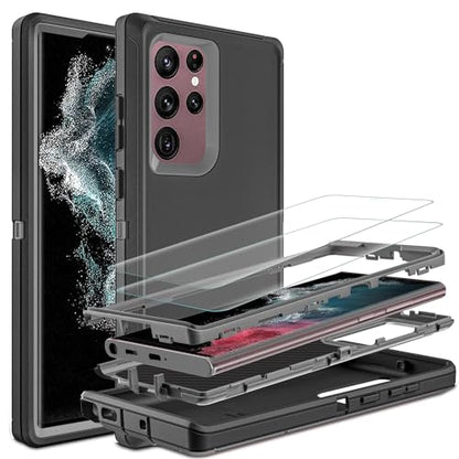 for Samsung Galaxy S22 Ultra Case with Self Healing Flexible TPU Screen Protector [2 Pack], 3 in 1 Full Body Shockproof Heavy Duty Case for Samsung S22 Ultra 5G (Black/Grey) - color: Black/Grey
