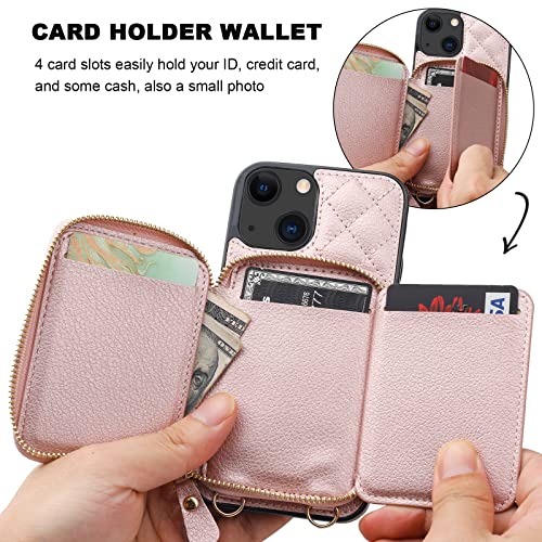 Bocasal Crossbody Wallet Case Card Holder for iPhone 13, Rose Gold | RFID Blocking PU Leather Zipper Handbag Purse, Kickstand Flip Folio Case with Card Slots Holder Wrist Strap Lanyard 6.1 Inch - color: Rose Gold