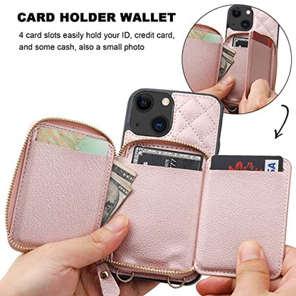 Bocasal Crossbody Wallet Case Card Holder for iPhone 13, Rose Gold | RFID Blocking PU Leather Zipper Handbag Purse, Kickstand Flip Folio Case with Card Slots Holder Wrist Strap Lanyard 6.1 Inch - color: Rose Gold