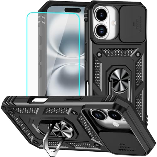HNHYGETE for iPhone 16 Case with Screen Protector: [Military Grade 20ft. Drop Tested] Slide Camera Cover Ring Shockproof Protective Phone Case for - iPhone 16 (Black) - color: Black, size: iPhone 16