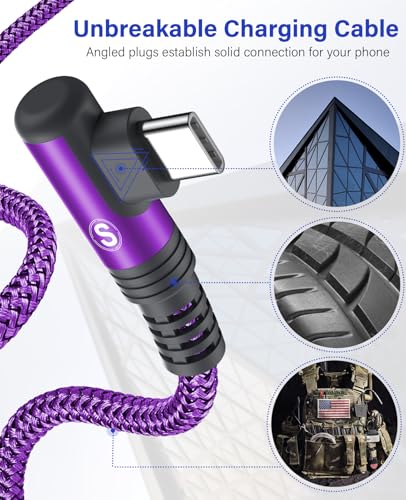 USB to USB C Cable 3.1A Fast Charge Right Angle CarPlay 6.6ft 2-Pack Purple - color: Purple, size: 6.6ft+6.6ft