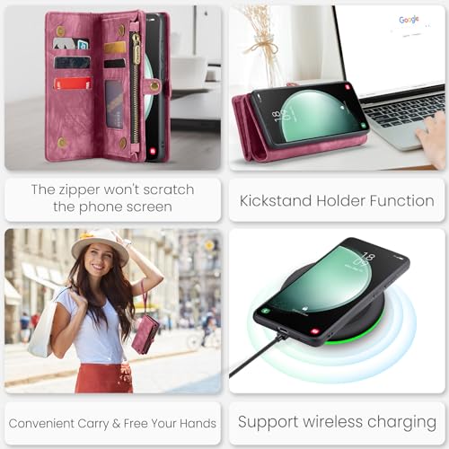 Compatible with Samsung Galaxy S23 FE Wallet Case,Zipper Folio Leather Case Wallet with Card Holder Strap Wristlet Detachable Magnetic Protective Back Case for Galaxy S23 FE 6.4 Inch(Red) - color: Red, size: S23 FE 5G 6.4 Inch