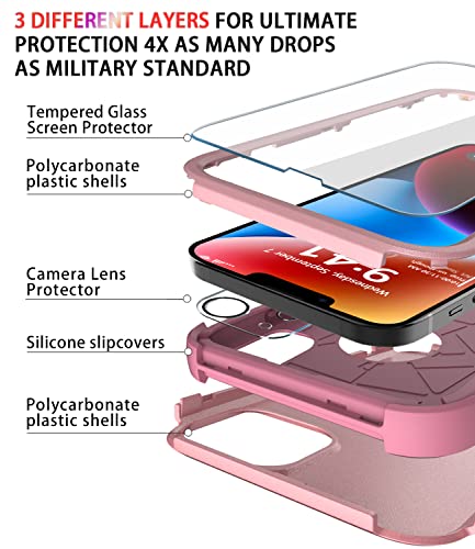 Diverbox for iPhone 14 Case [Shockproof] [Dropproof] [Tempered Glass Screen + Camera Lens Protector],Heavy Duty Protection Phone Case Cover for Apple iPhone 14 (Pink) - color: PINK-3in1