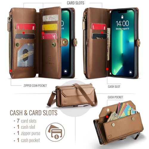 Strapurs Wallet Case Compatible with iPhone 13 Pro RFID Blocking 7-Card Holder Soft PU Leather Magnetic Snap Shoulder Strap Zipper Pocket Phone Case Fit for iPhone 13 Pro 6.1" - Brown | RFID Blocking 7-Card Holder, Shoulder Lanyard, Wirst Strap, Zipper Po