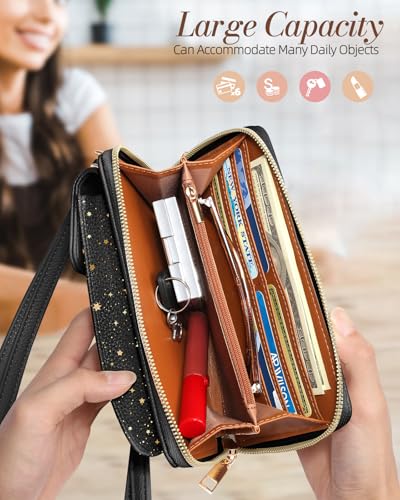Miss Adola Phone Purse for Women Leather Crossbody Bag | Large Phone Pocket, Magnetic Snap, Zipper Pocket, 4 Card Slots, Adjustable Shoulder Strap, Leather Small Purse for Daily Use - color: Black Sun Moon